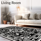 Ornate Black White Floral Pattern Rug