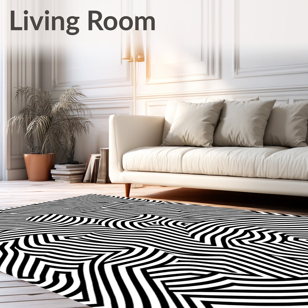 Abstract Black White Striped Overlay Rug