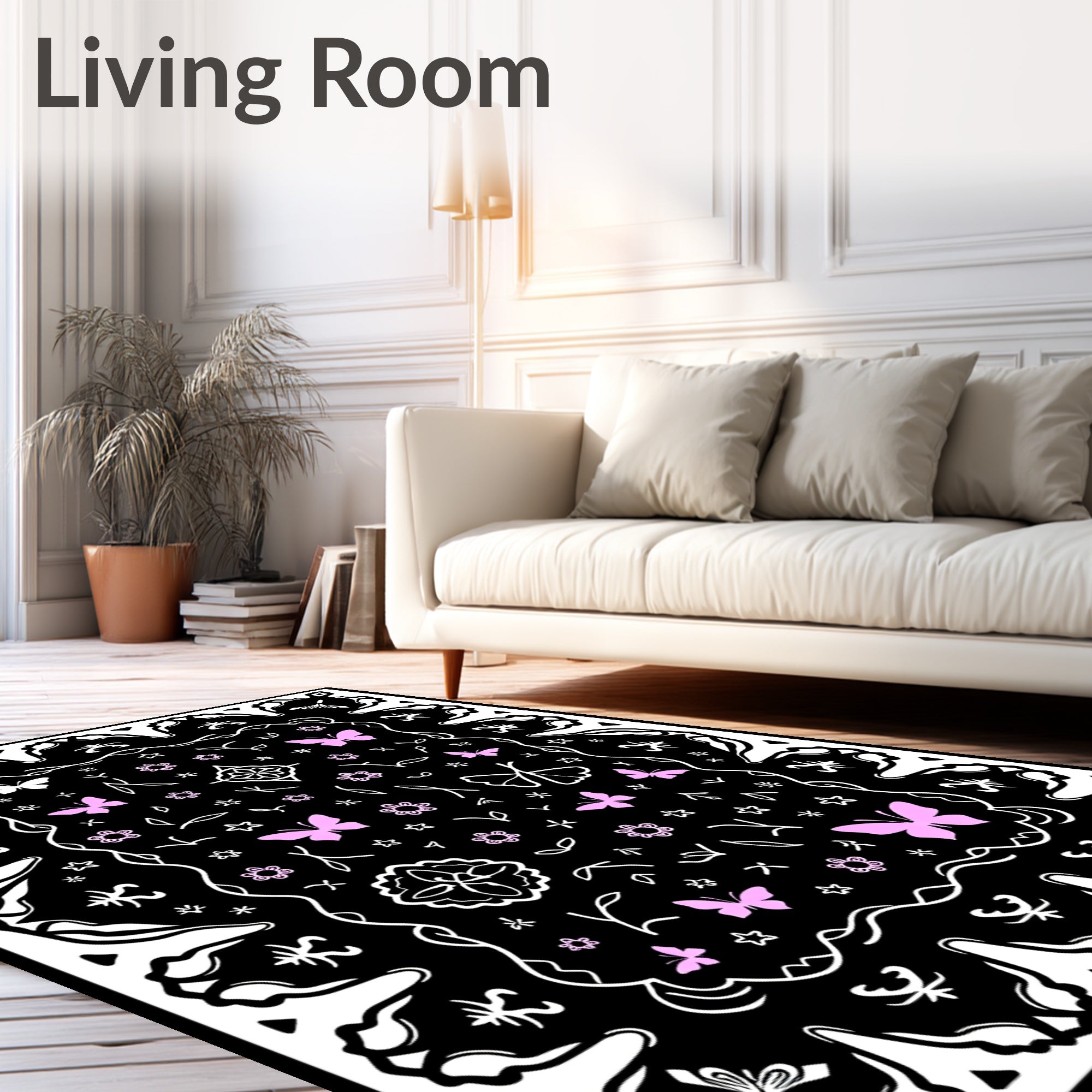 Whimsical Pink Butterfly Botanical Pattern Rug
