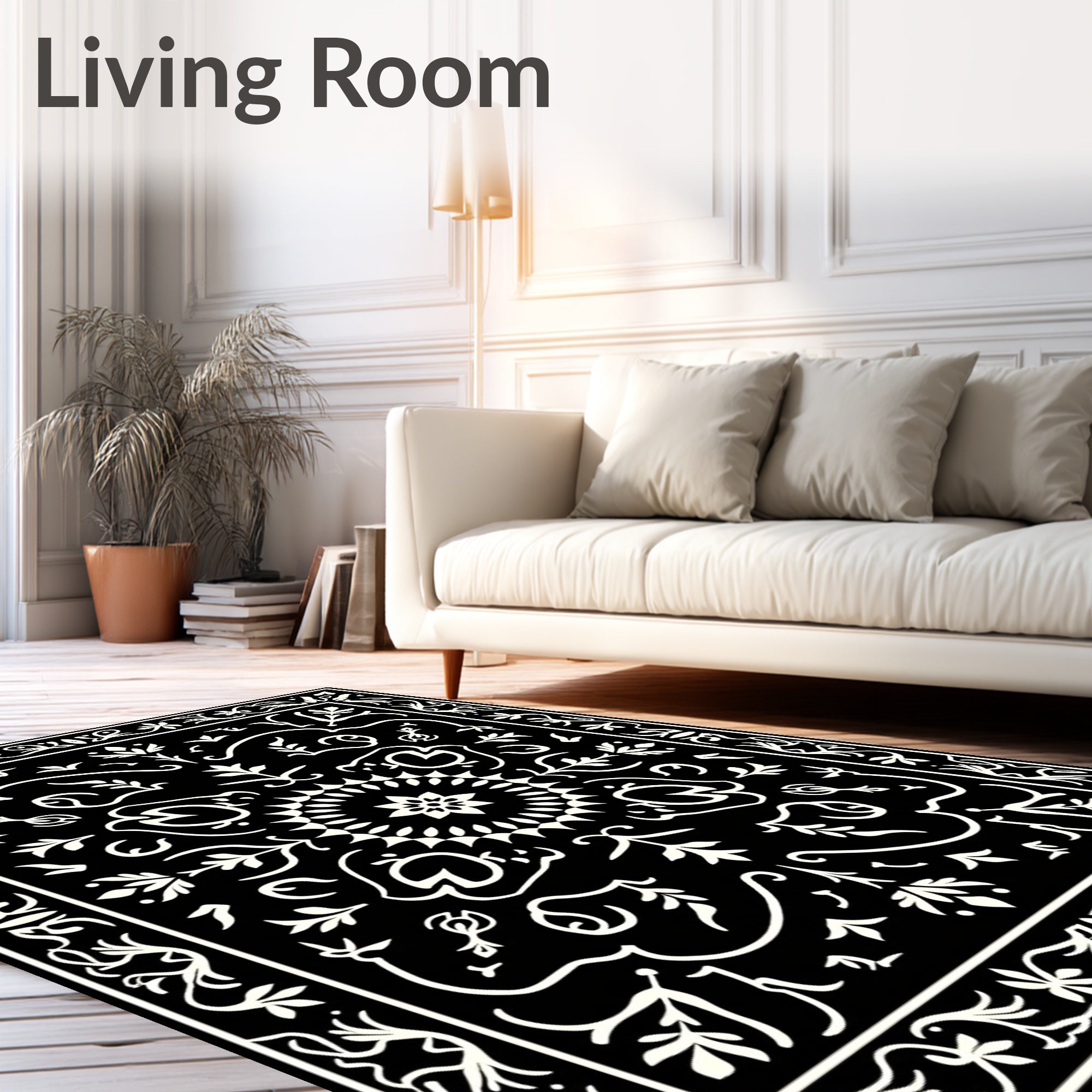 Black White Floral Medallion Design Rug