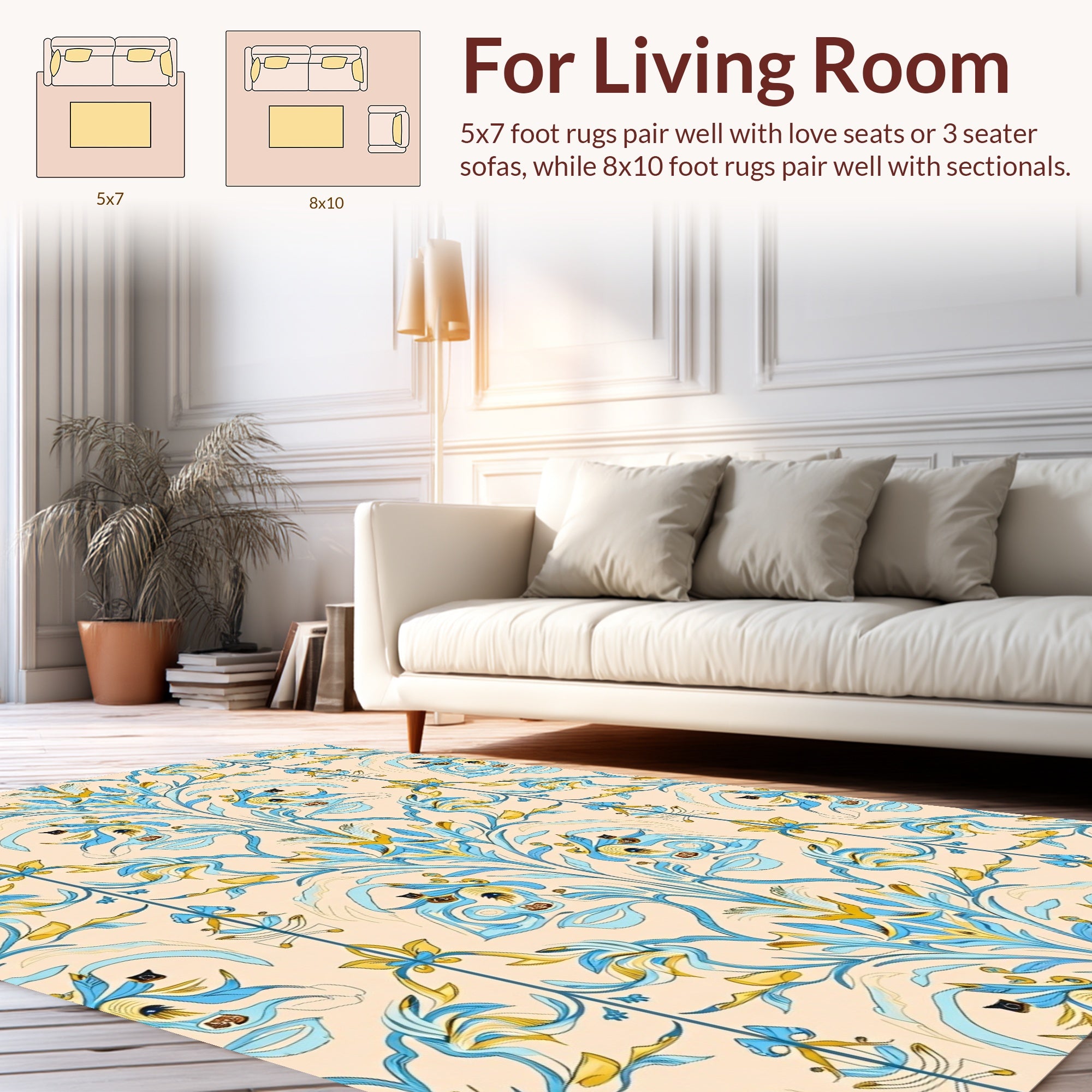 Blue Yellow Floral Damask Pattern Rug