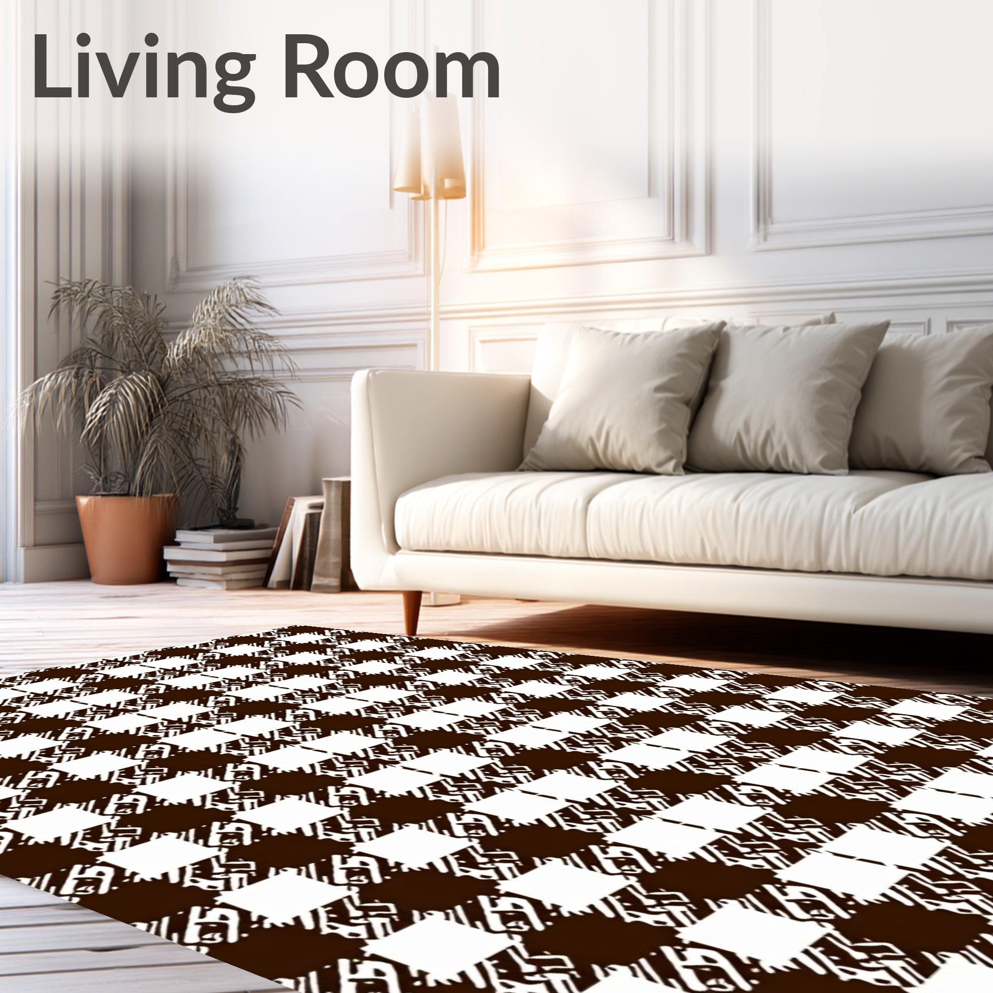 Brown White Checkered Pattern Rug