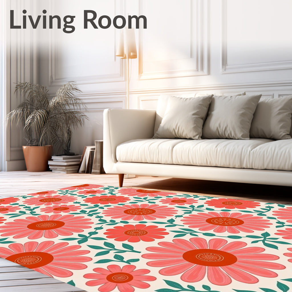 Coral Daisy Floral Pattern Rug
