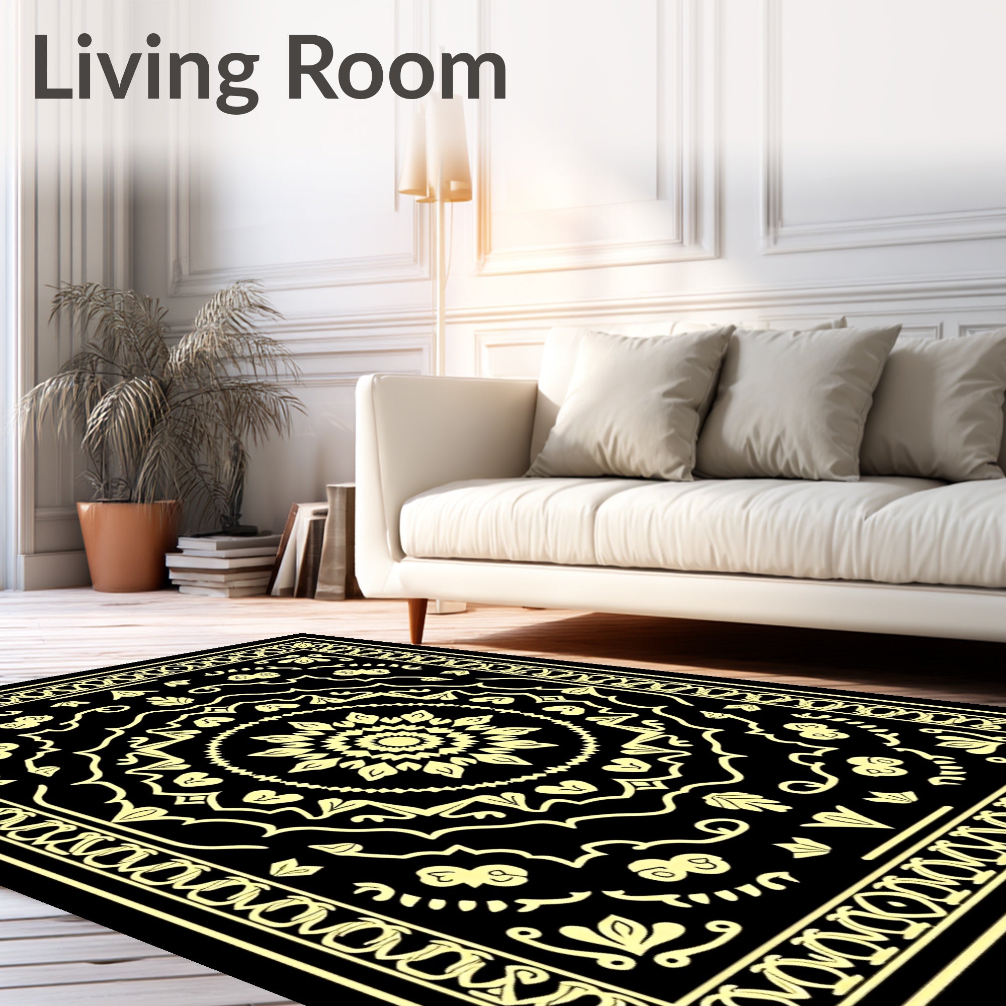 Elegant Black Gold Mandala Design Rug