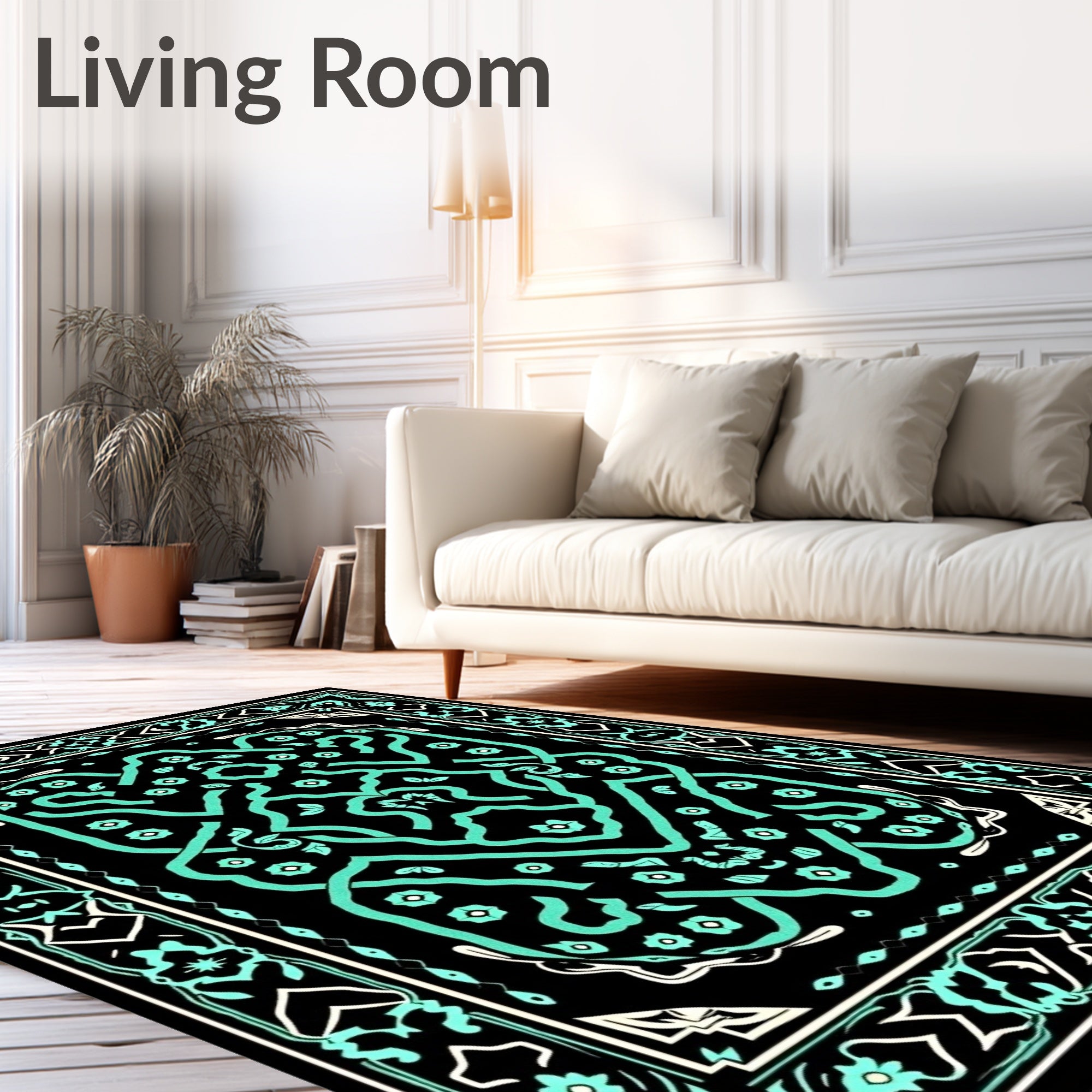 Black Aqua Intricate Floral Border Rug