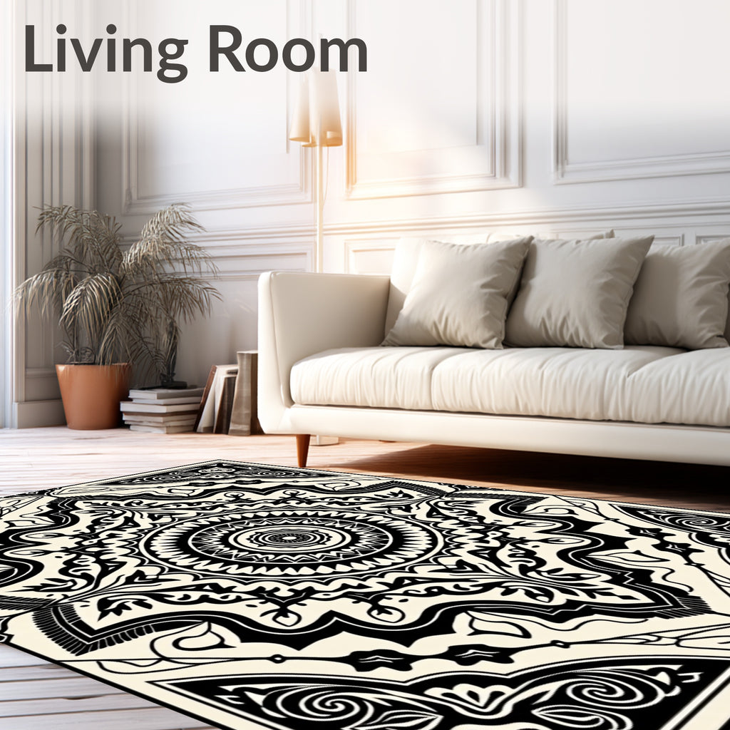 Intricate Black Mandala Symmetry Pattern Rug
