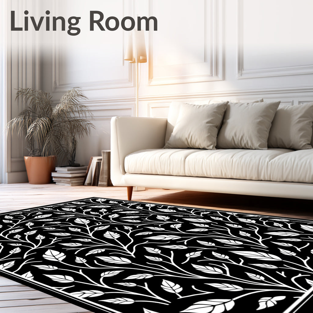 Classic Black White Leaf Pattern Rug