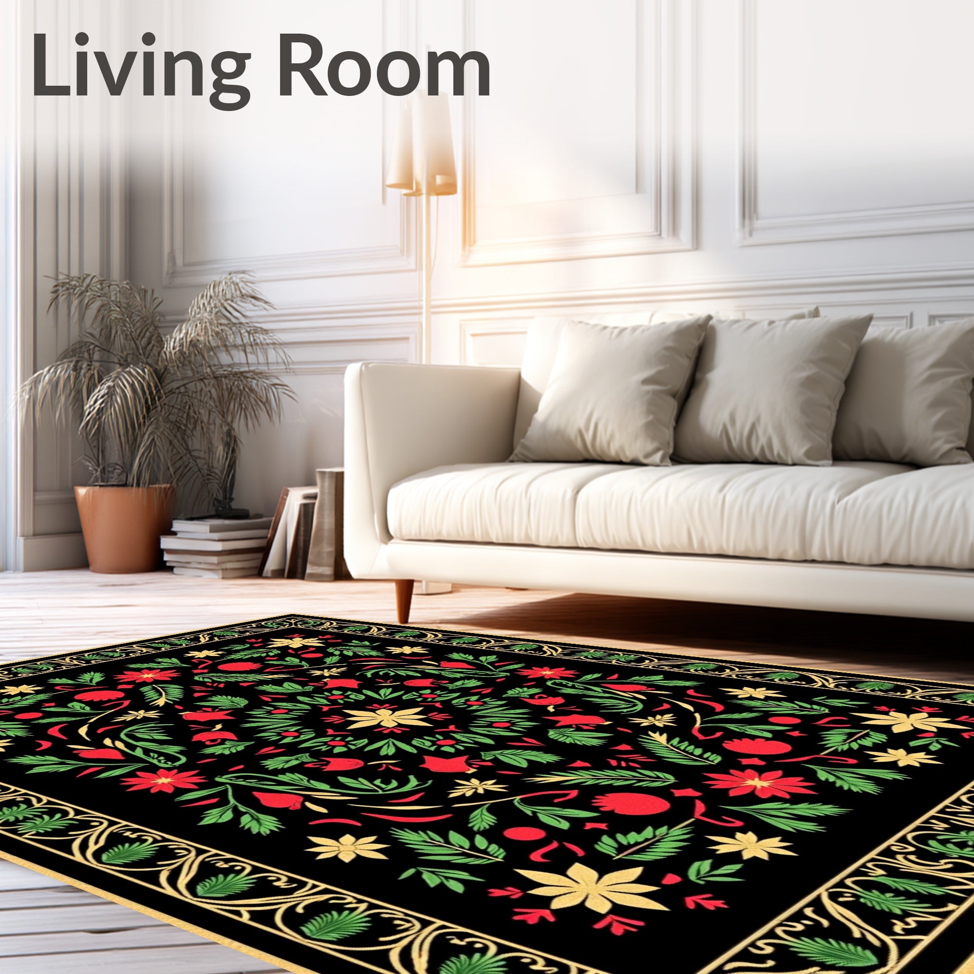 Black Floral Medallion Red Green Gold Rug