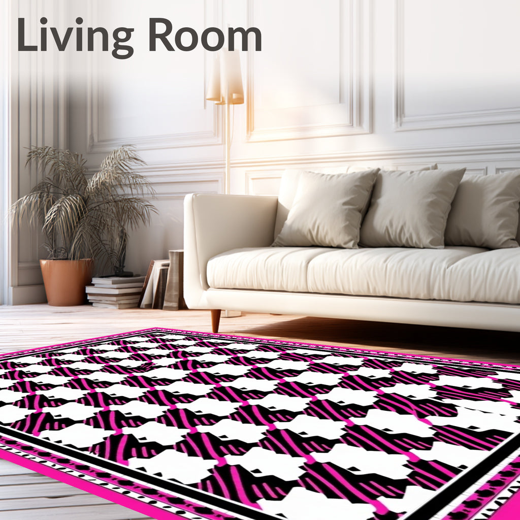 Bold Black Pink Houndstooth Pattern Rug