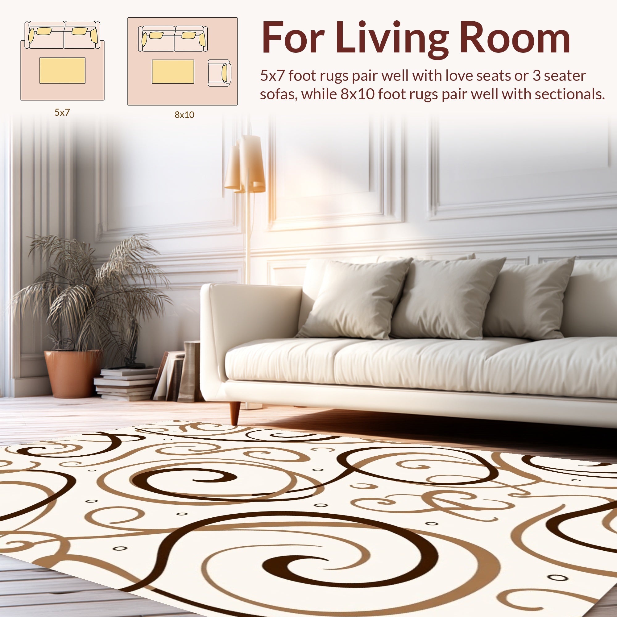 Rich Brown Swirls Dots Pattern Rug
