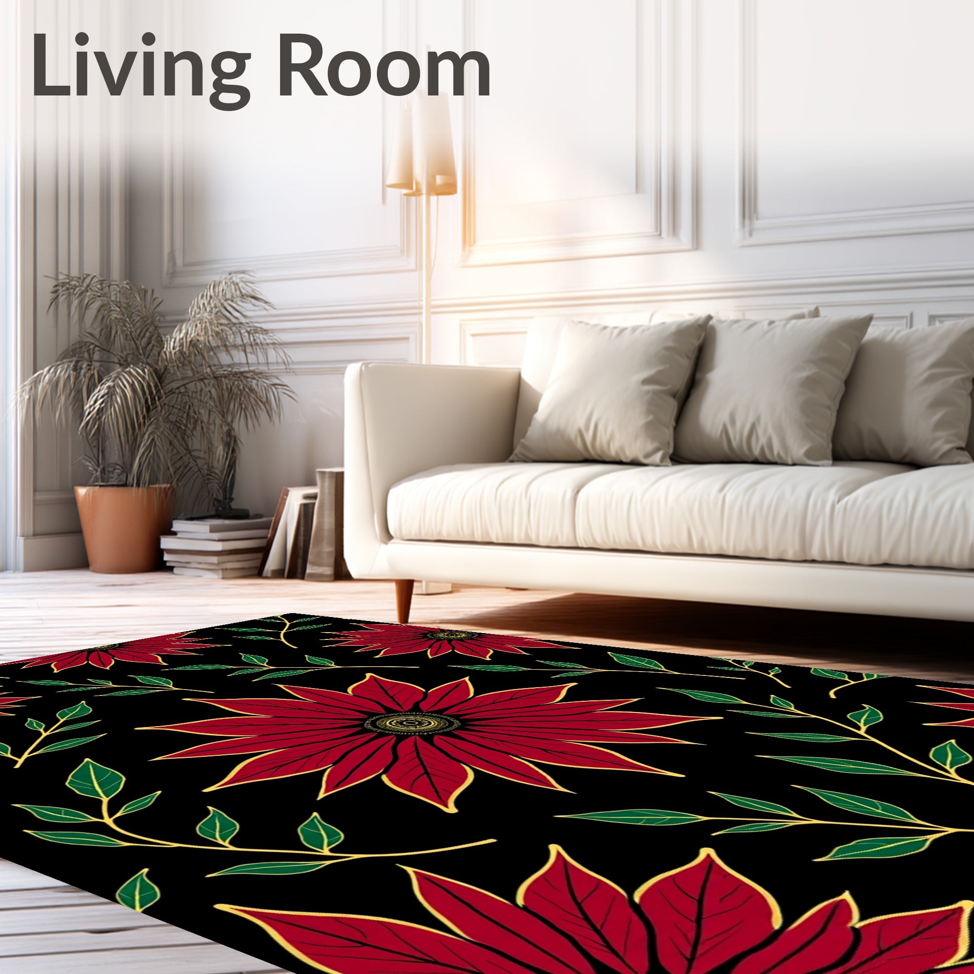 Bold Red Floral With Green Leaves Pattern Rug