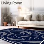 Dark Blue White Feather Swirl Pattern Rug