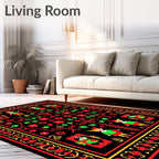 Red Black Elf Floral Border Rug