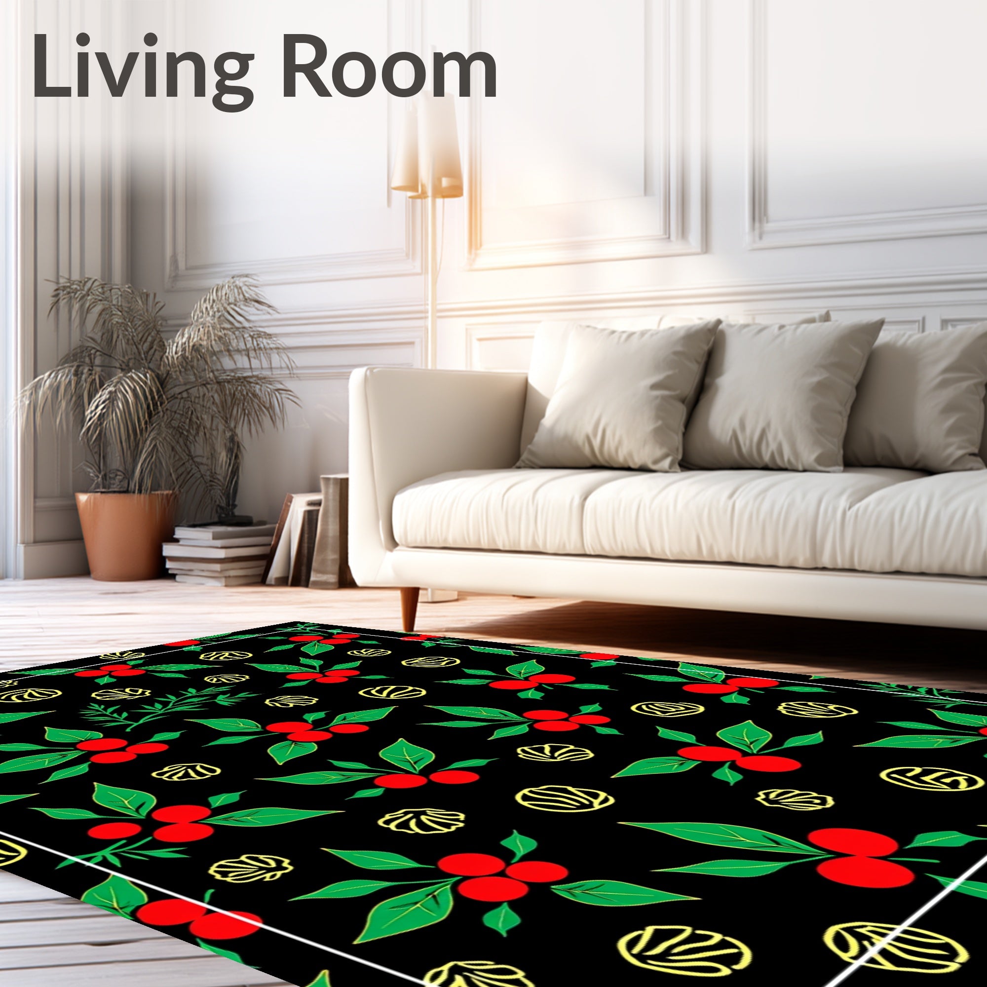Red Berry Green Leaf Yellow Swirls Rug