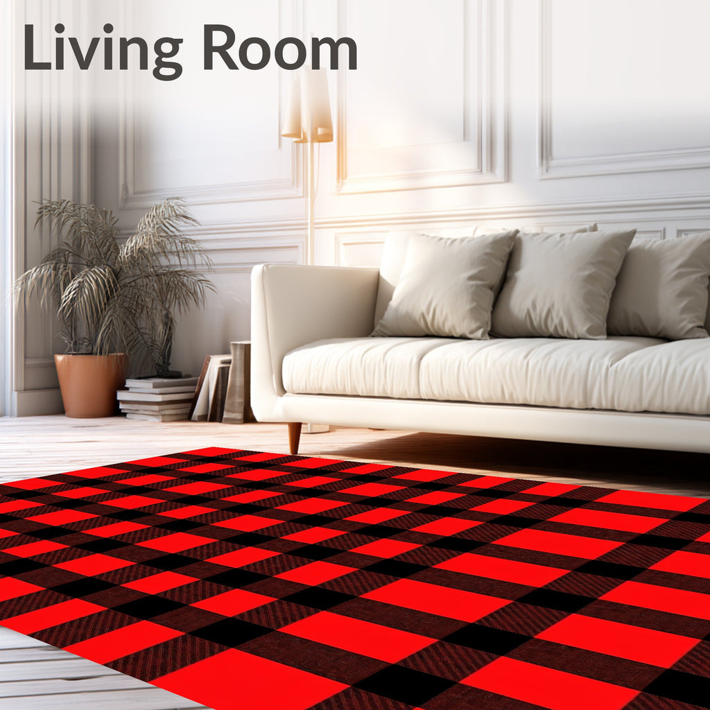 Classic Red Black Plaid Design Rug