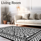 Intricate Black White Geometric Patterned Rug