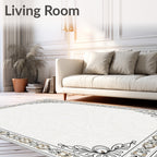 Elegant Light Beige Floral Scroll Border Rug