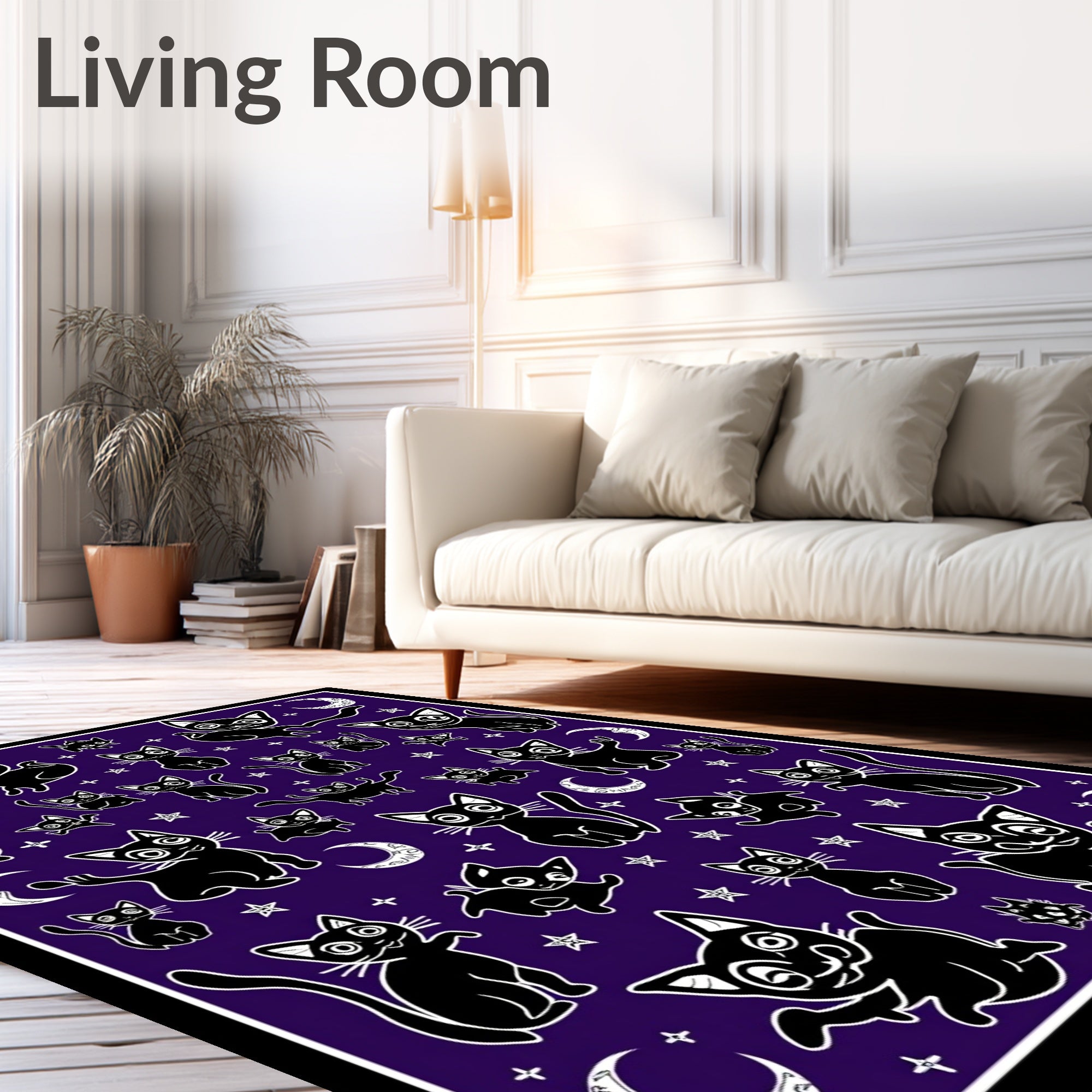 Whimsical Black Cats Stars Design Rug