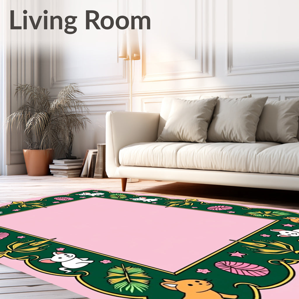 Playful Puppies Green Geometric Frame Rug