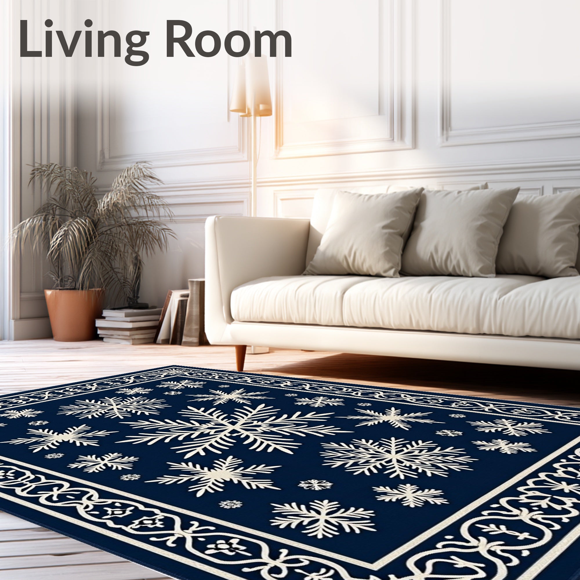 Snowflake Motif Navy Blue Bordered Rug
