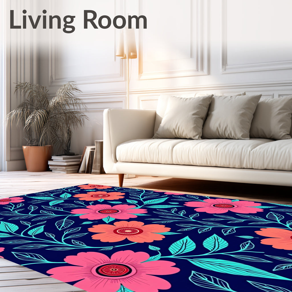Bold Floral Pattern Navy Blue Rug