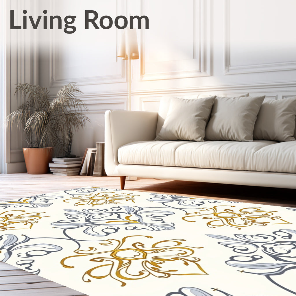 Gilded White Classic Damask Pattern Rug