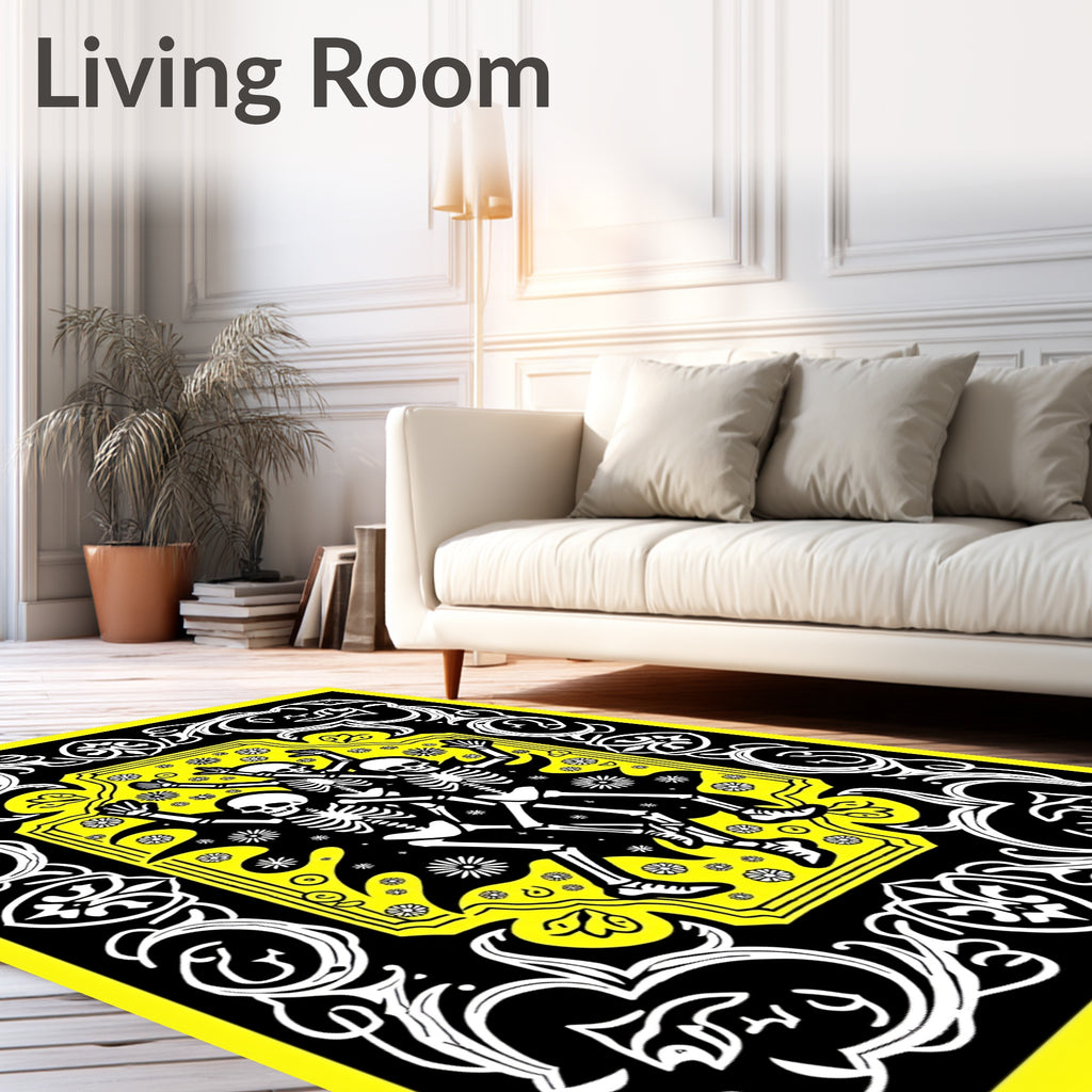 Dancing Skeletons Yellow Floral Pattern Rug