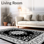 Ornate Floral Medallion Black White Rug