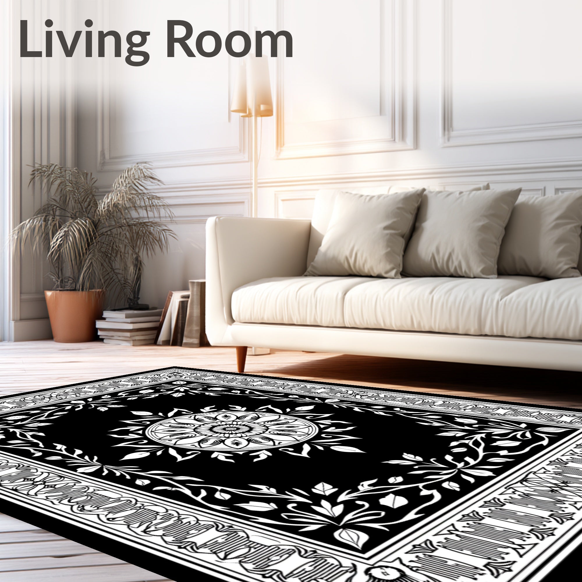 Ornate Floral Medallion Black White Rug
