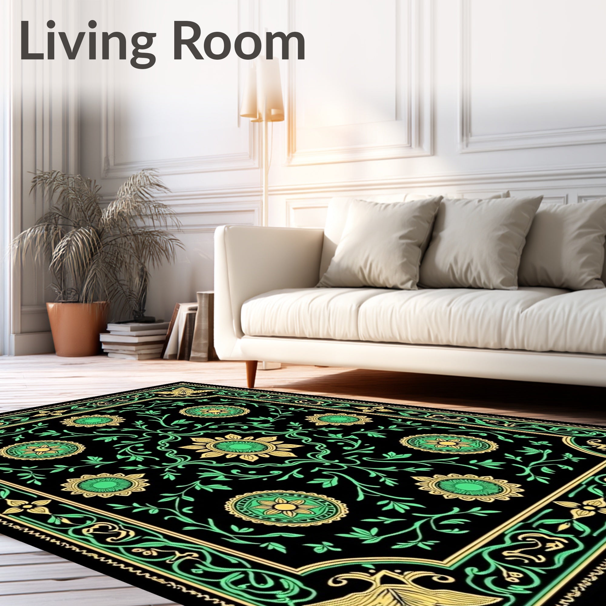 Vivid Black Floral Medallion Vines Rug