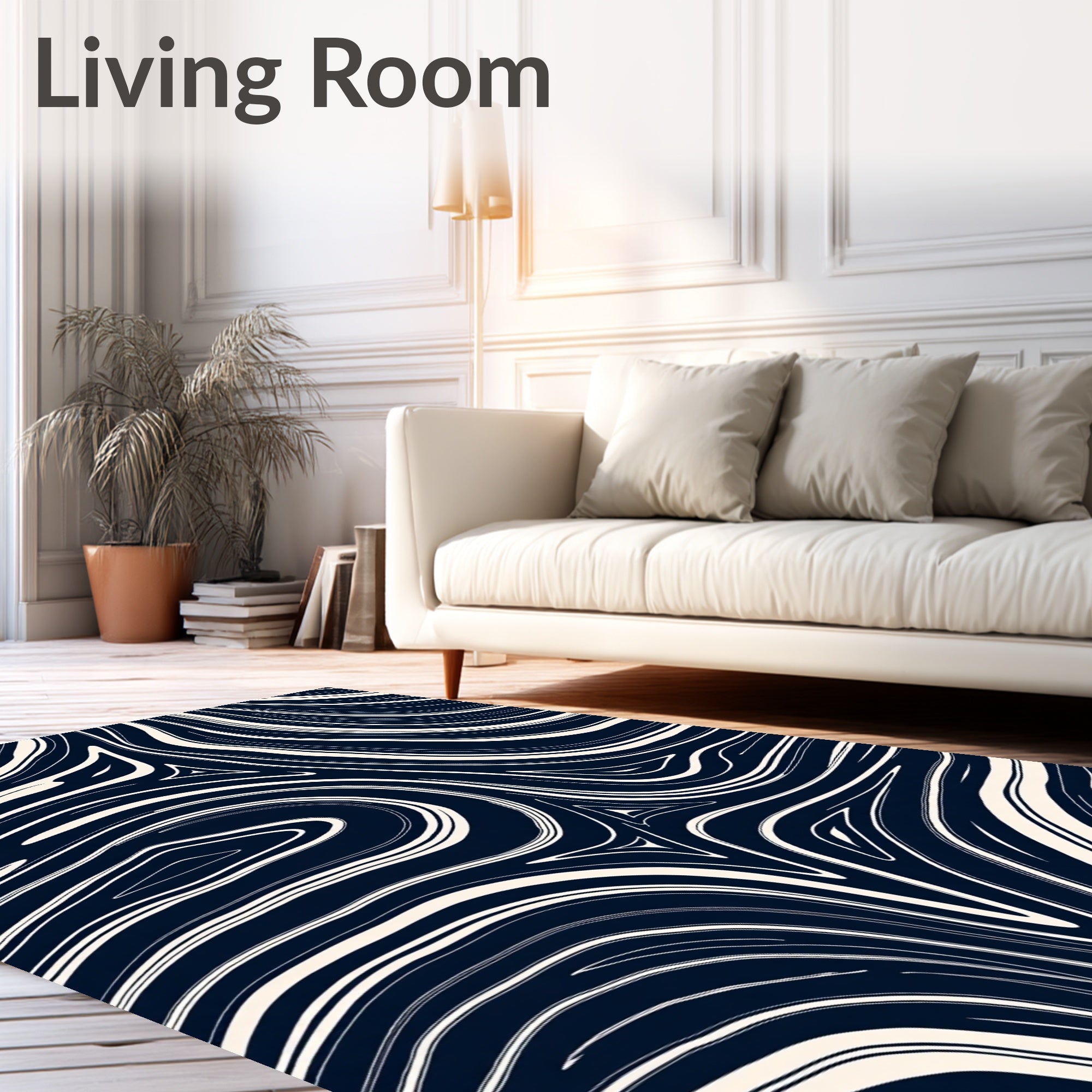 Dark Blue Cream Abstract Swirl Pattern Rug