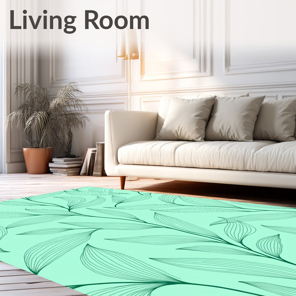 Delicate Green Leaf Line Art Pattern Rug