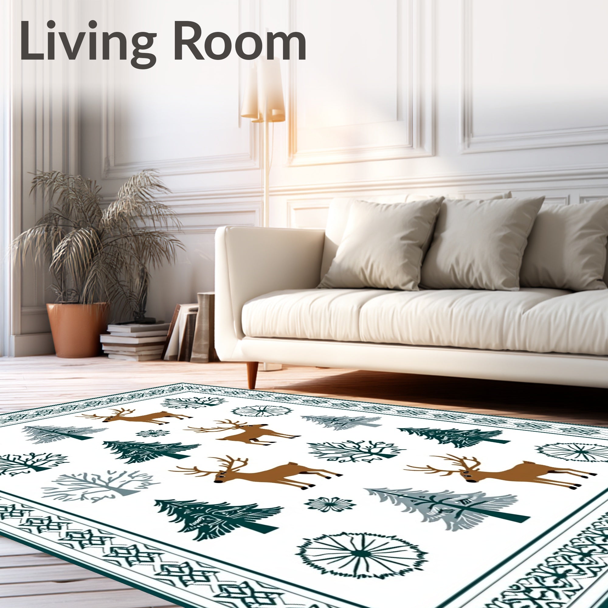 Whimsical Forest Deer Trees Border Rug
