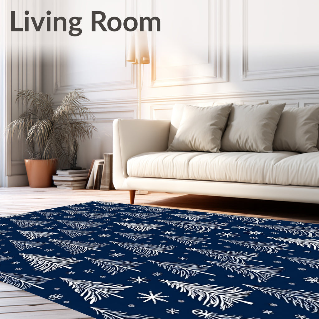 White Pine Trees Snowflakes Navy Rug