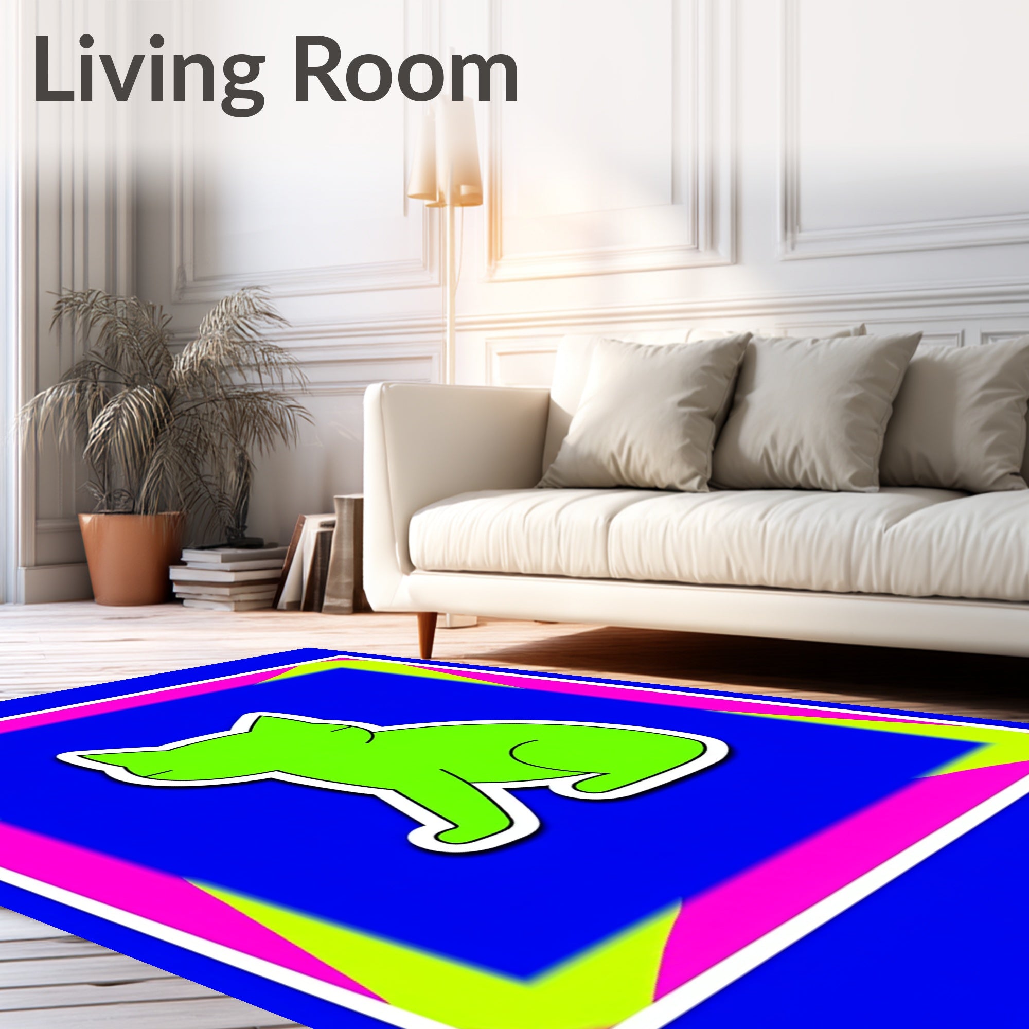 Bright neon cat in geometric frame Rug