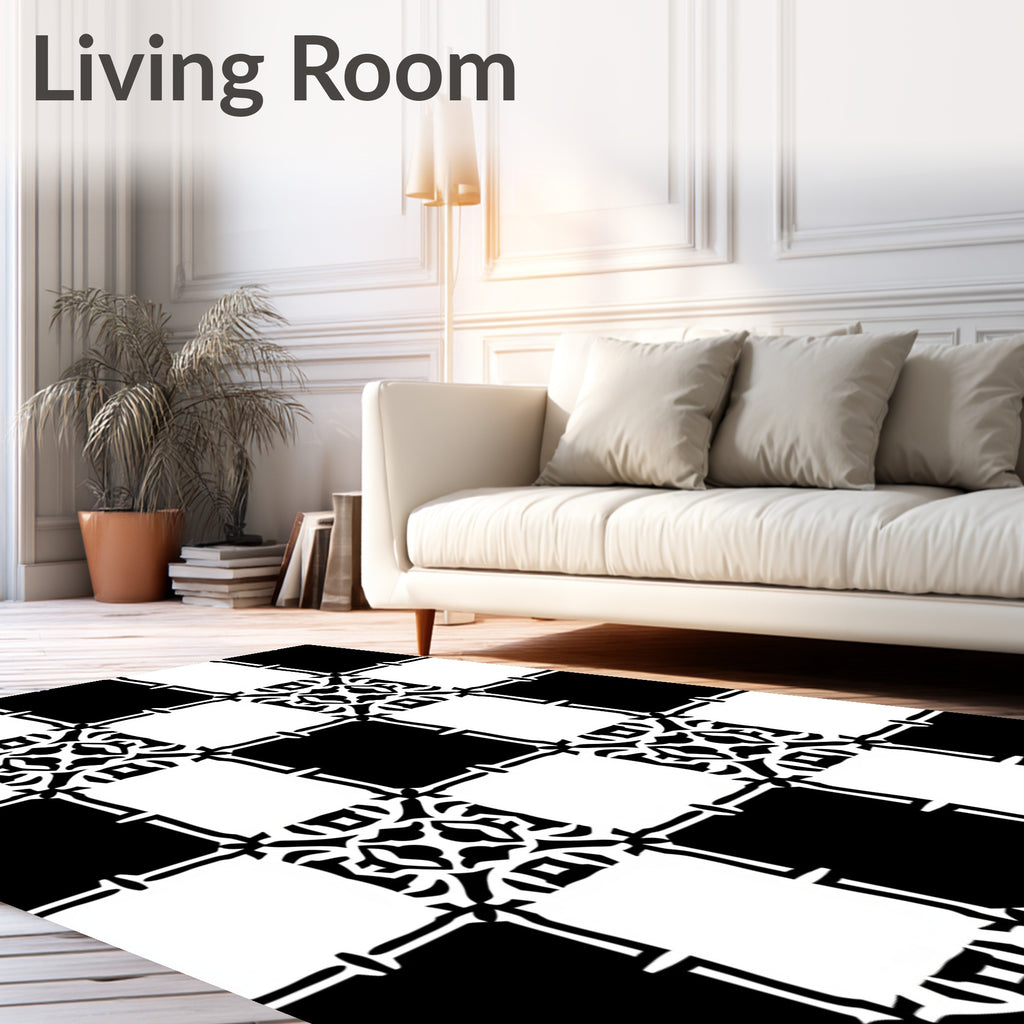 Black White Interlocking Square Medallion Rug