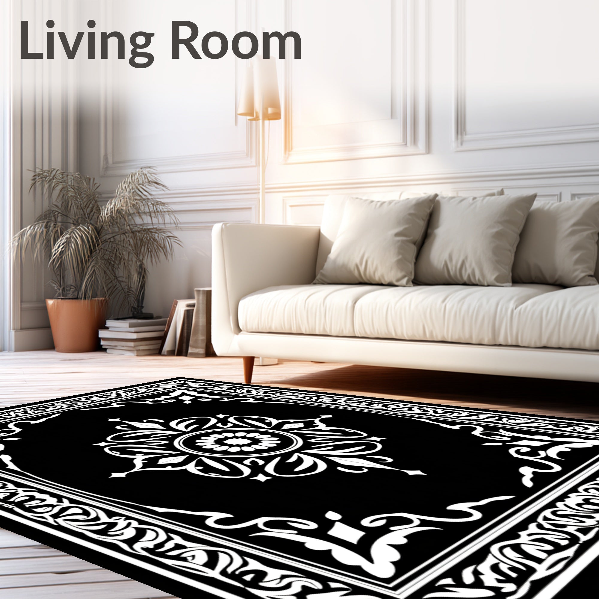 Vintage Black White Floral Scroll Pattern Rug