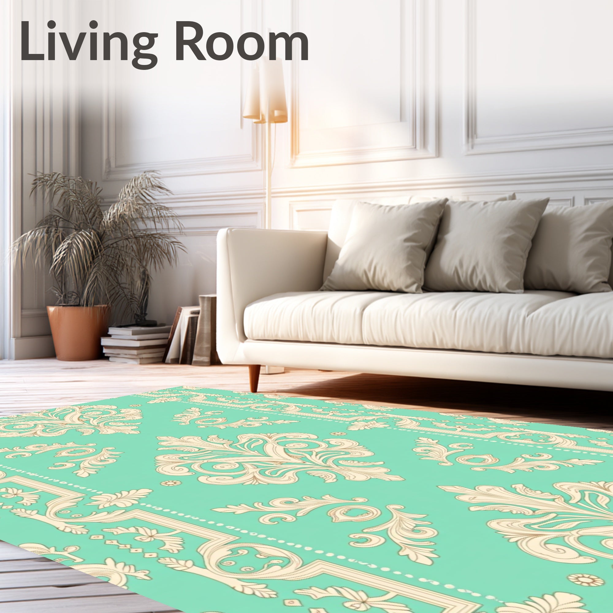 Cream Damask Pattern with Teal Backdrop Rug