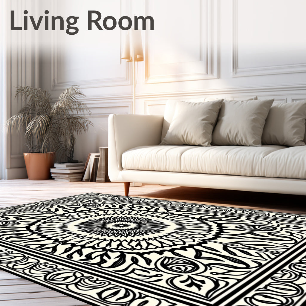 Black and White Mandala Scrollwork Rug