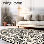 Ornate Black Floral Scroll Pattern Rug