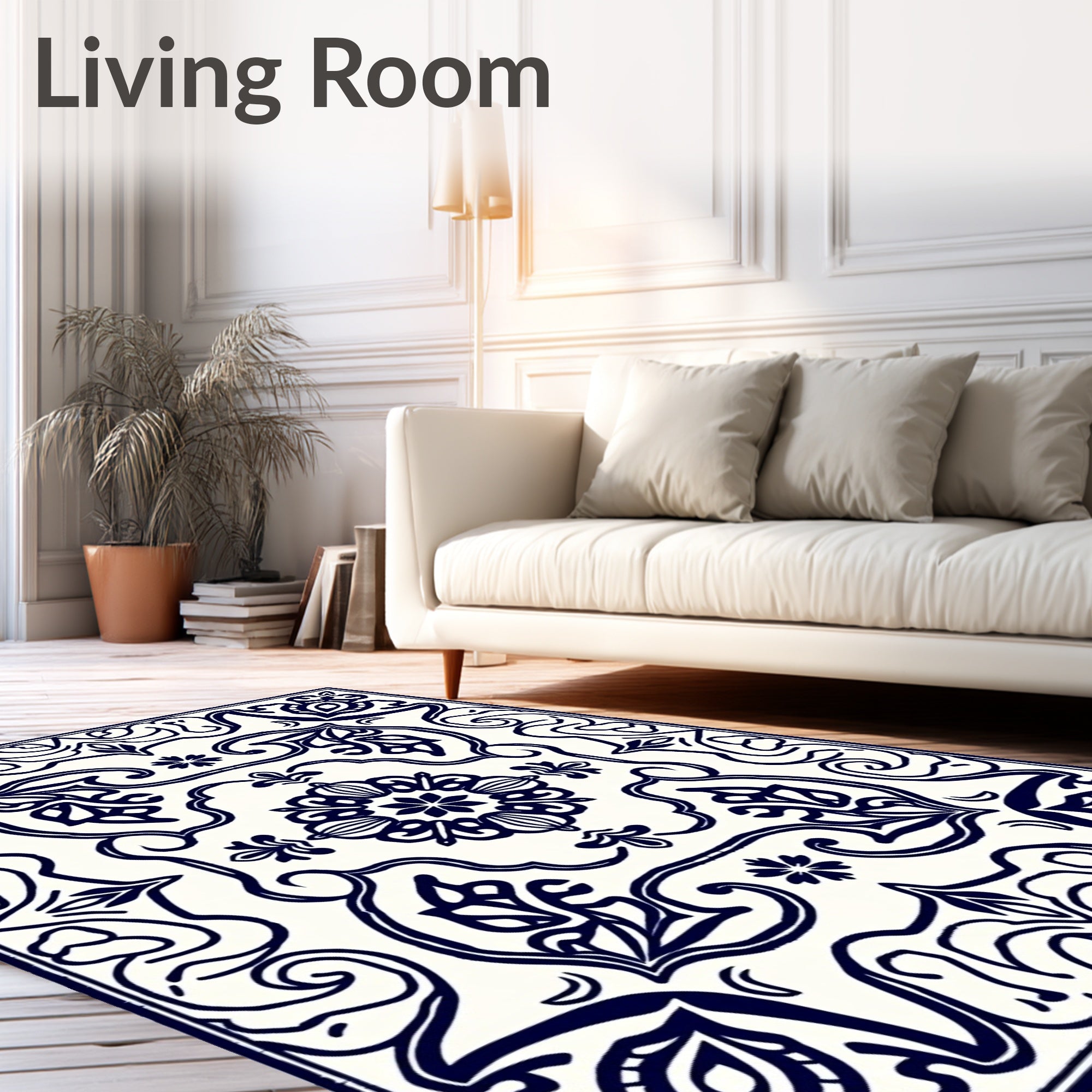 Classic Navy Floral Ornate Pattern Rug