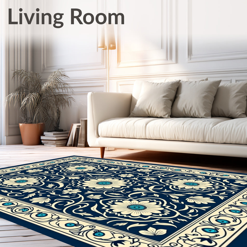 Navy Cream Floral Medallion Border Design Rug