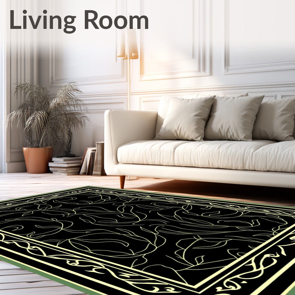 Elegant Black Yellow Vine Pattern Rug