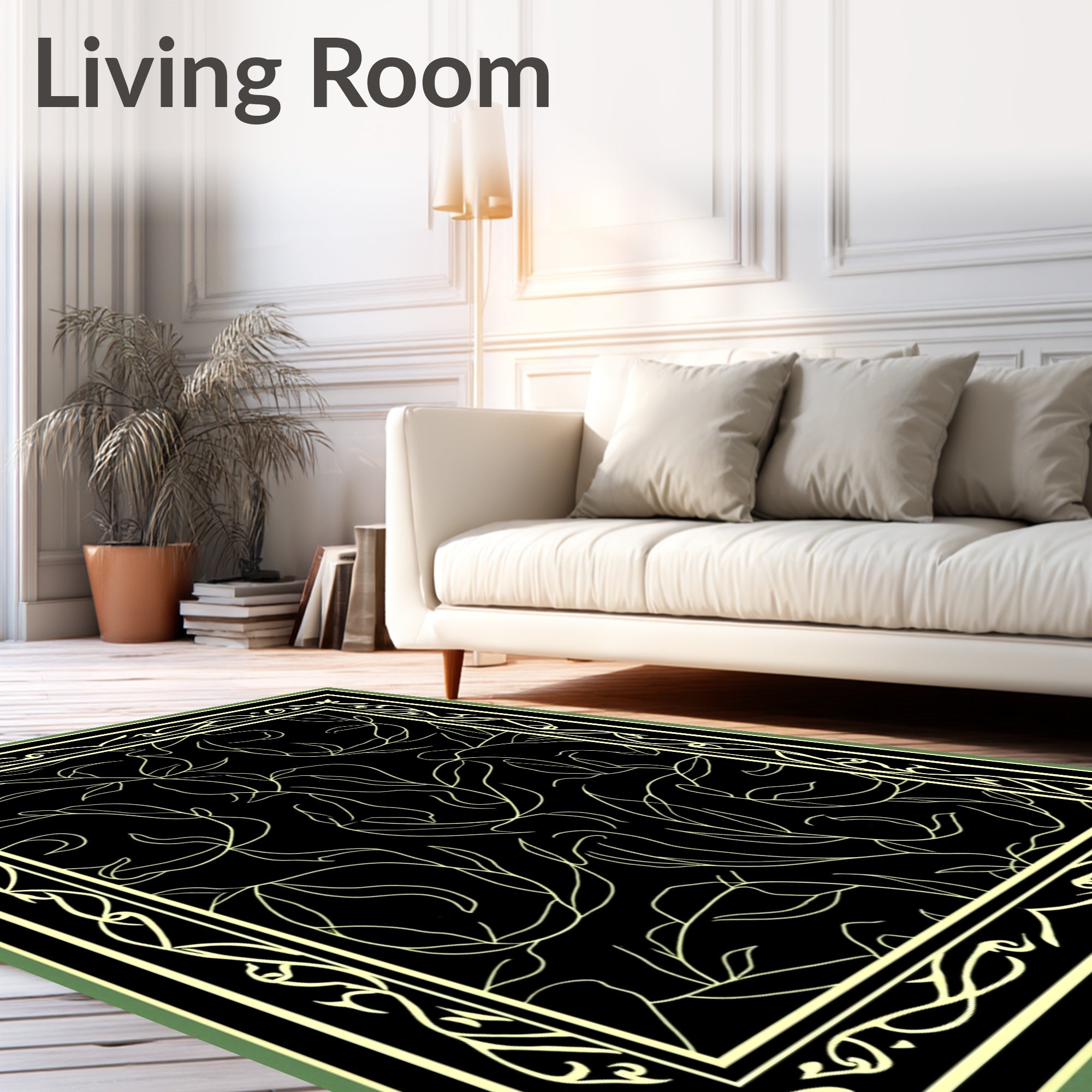 Elegant Black Yellow Vine Pattern Rug