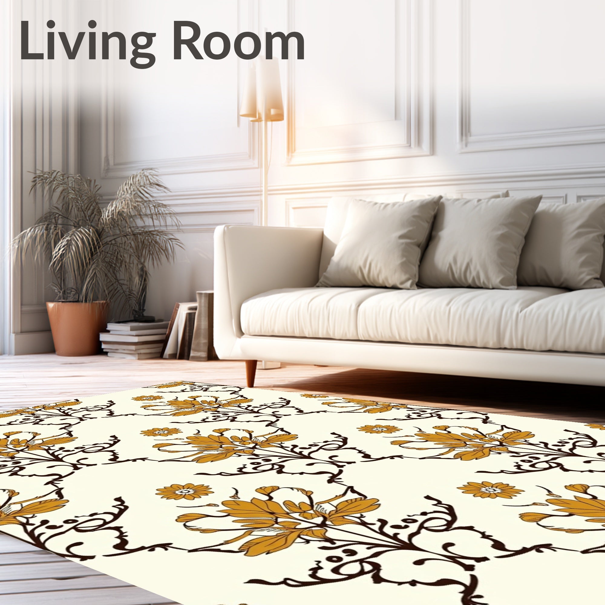 Elegant Orange Golden Floral Damask Rug
