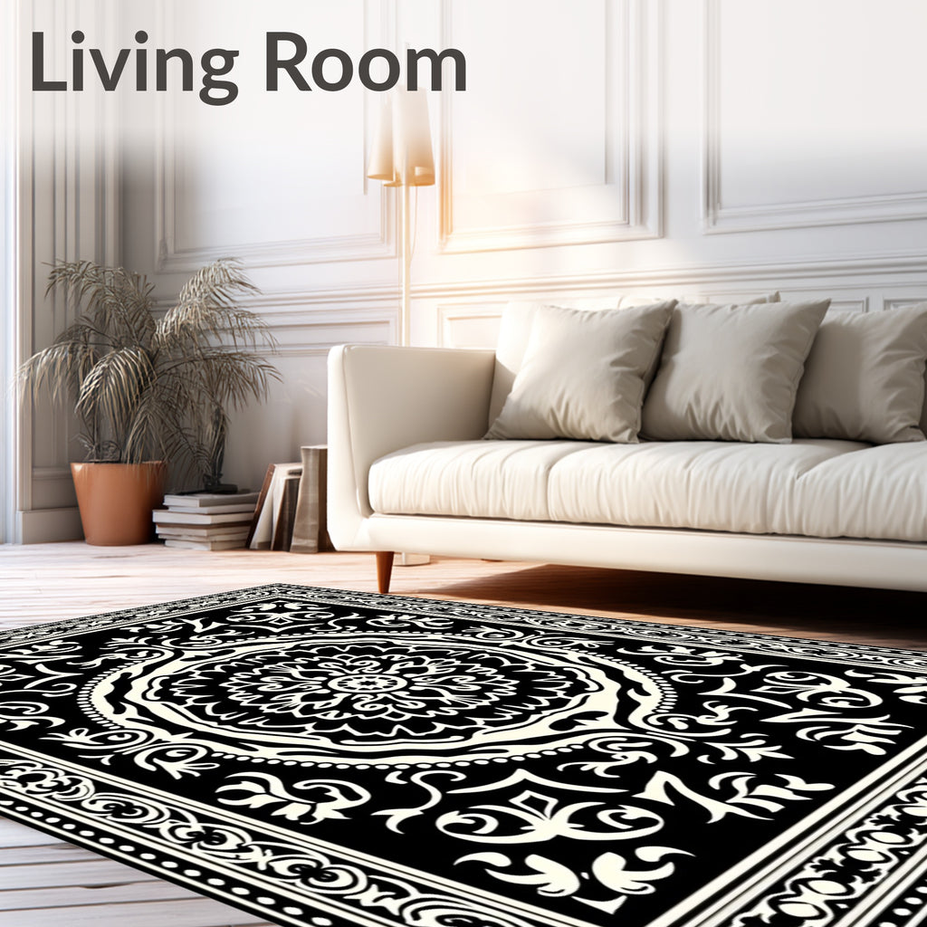 Ornate Black White Mandala Rug