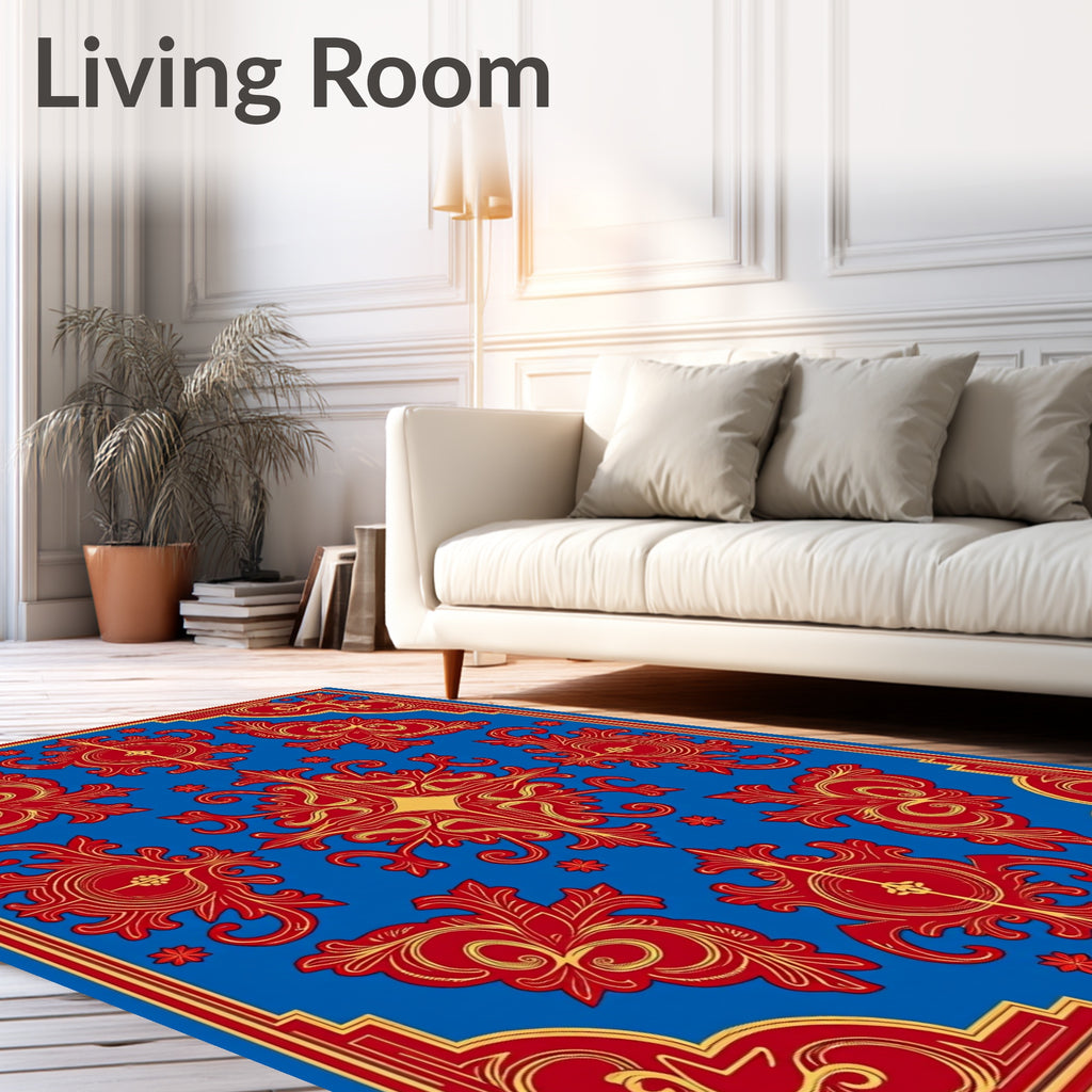Royal Blue Red Gold Rococo Pattern Rug