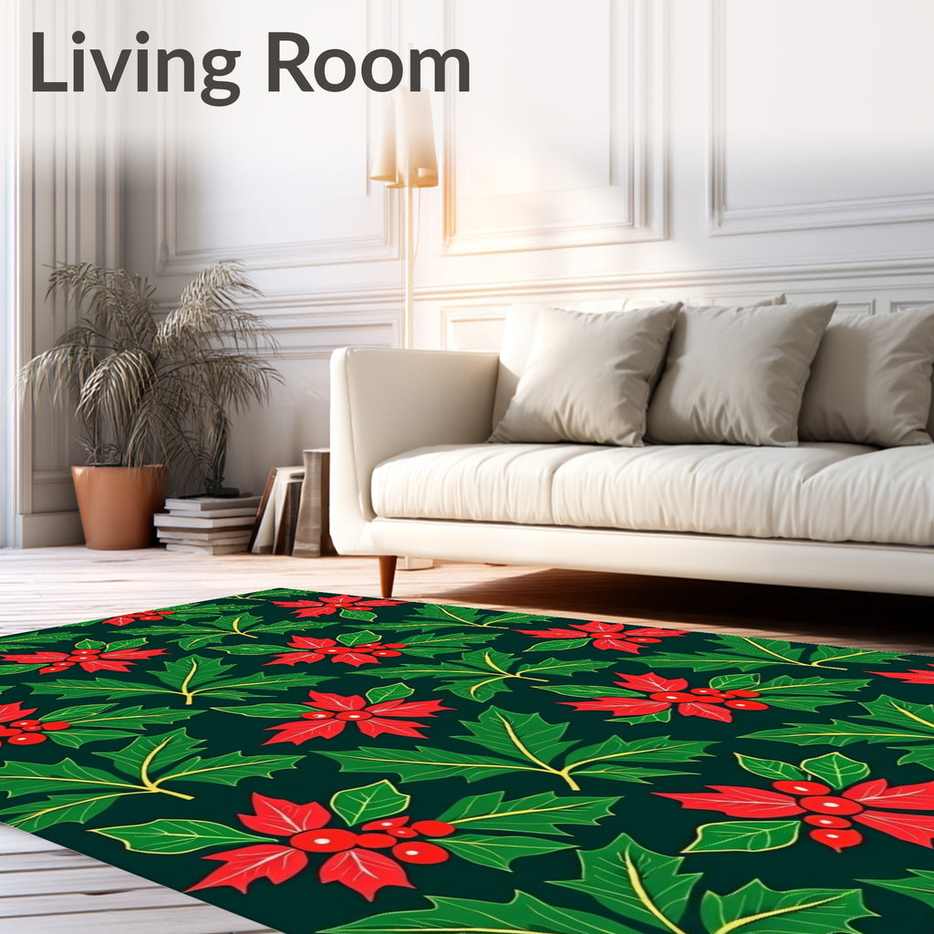 Festive Red Green Holly Pattern Rug