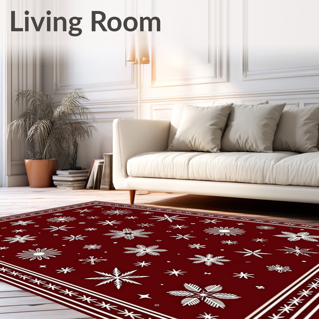 Winter Snowflake Patterned Red Rug
