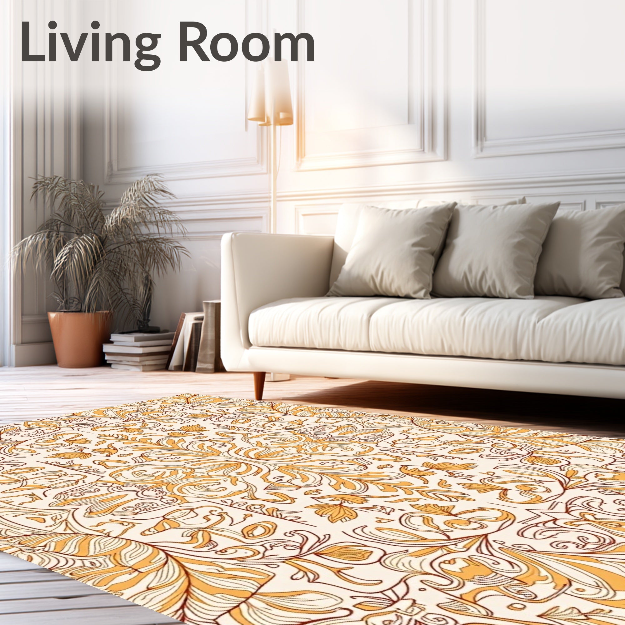 Golden Ornate Floral Scroll Pattern Rug